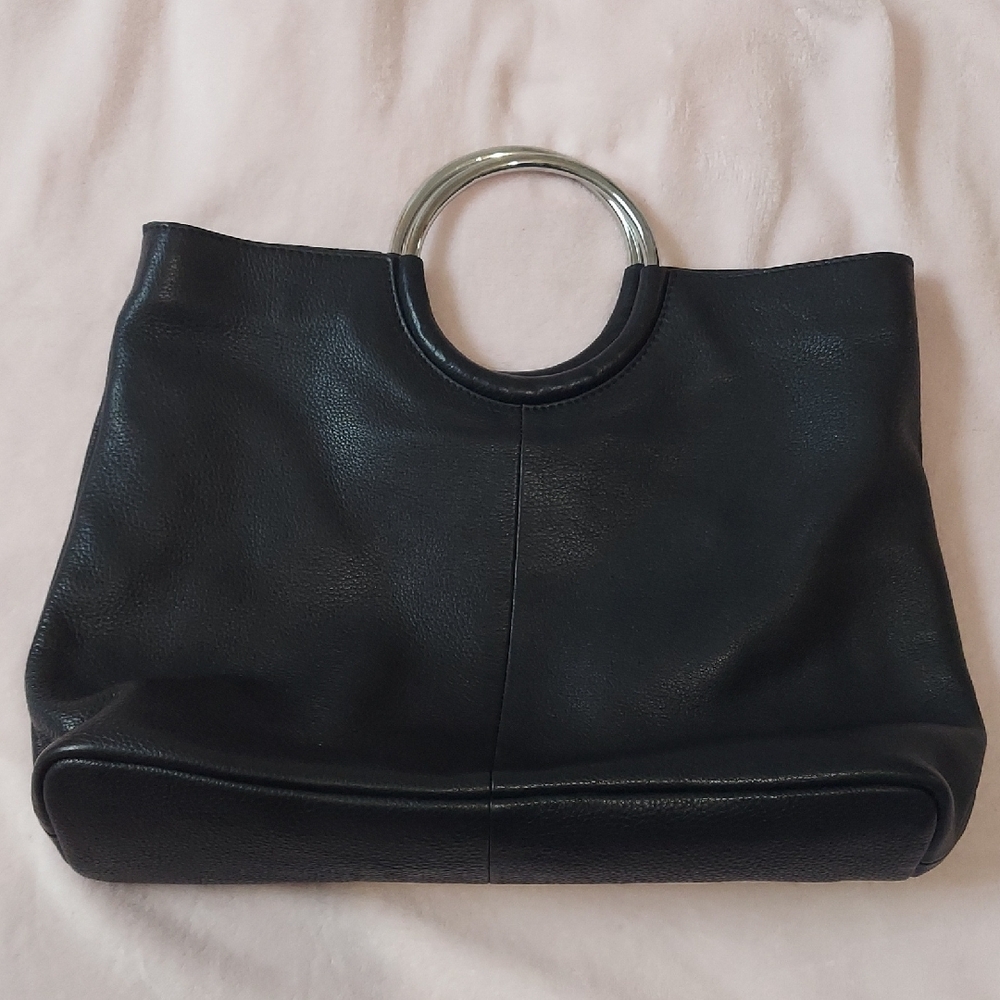 Leather Sleek Black and Silver Tote with Circular Handles
